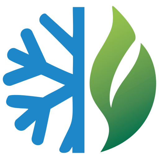 Blue snowflake and green leaf representing climate control.