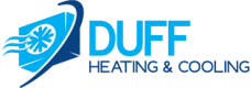 Duff Heating & Cooling logo with blue fan and airflow design.